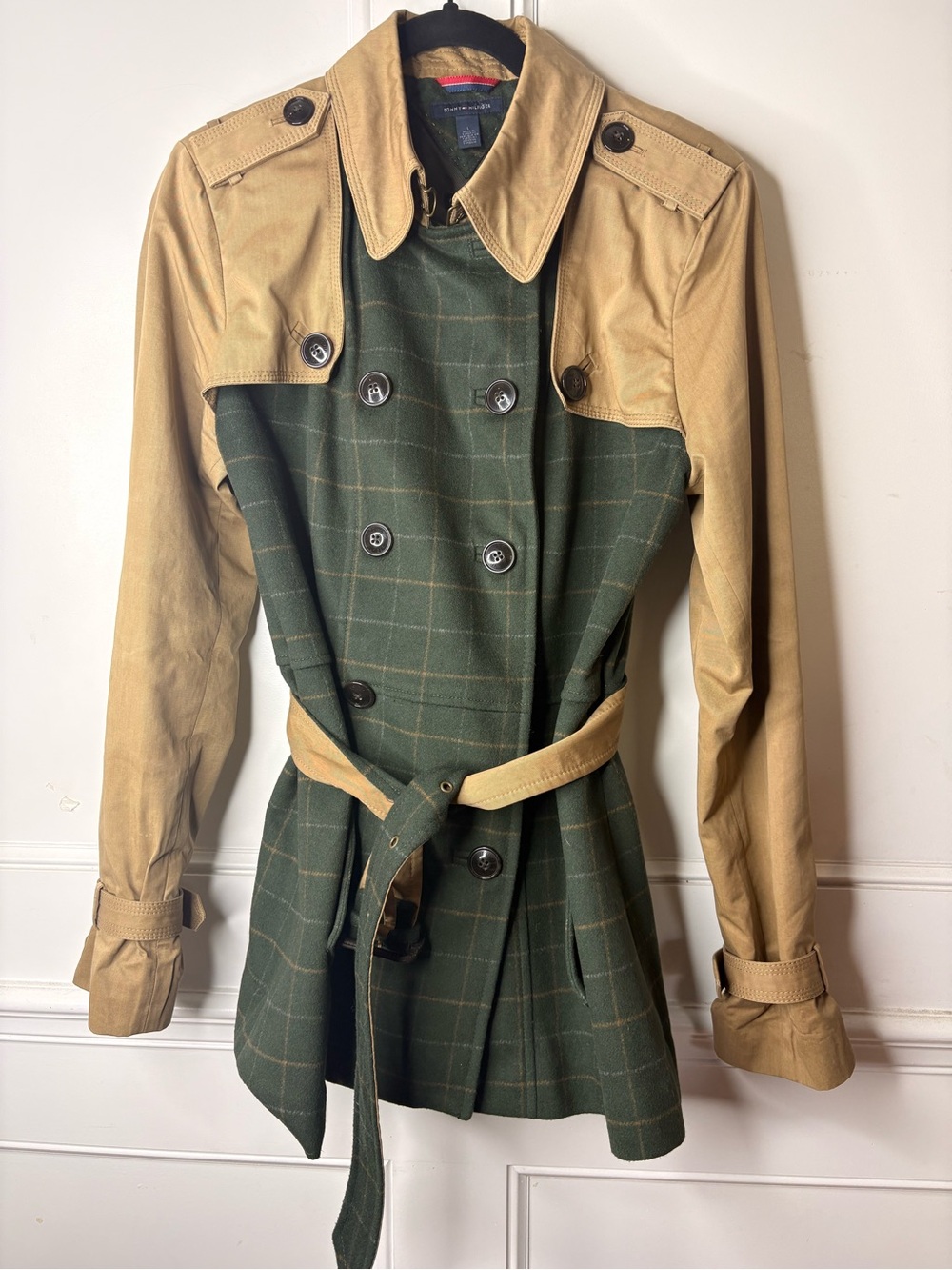 Tommy Hilfiger Green Plaid Trench Coat with Tan Accents